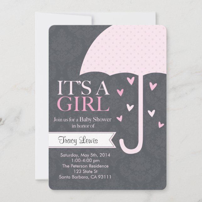 Invitation Baby shower en rose et gris (Devant)