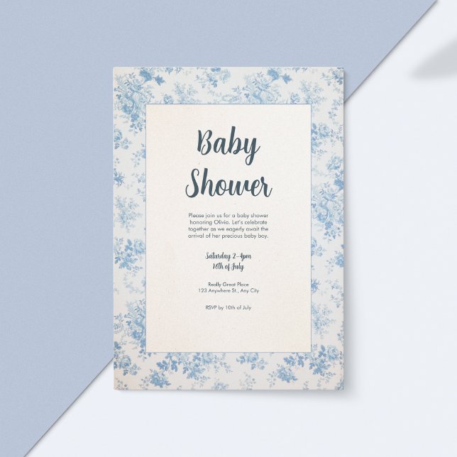 Invitation Baby shower en toile classique bleu et crème (Créateur téléchargé)