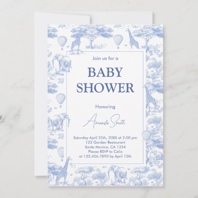 Invitation Baby shower en toile de Jouy bleue chinoiserie (Devant)