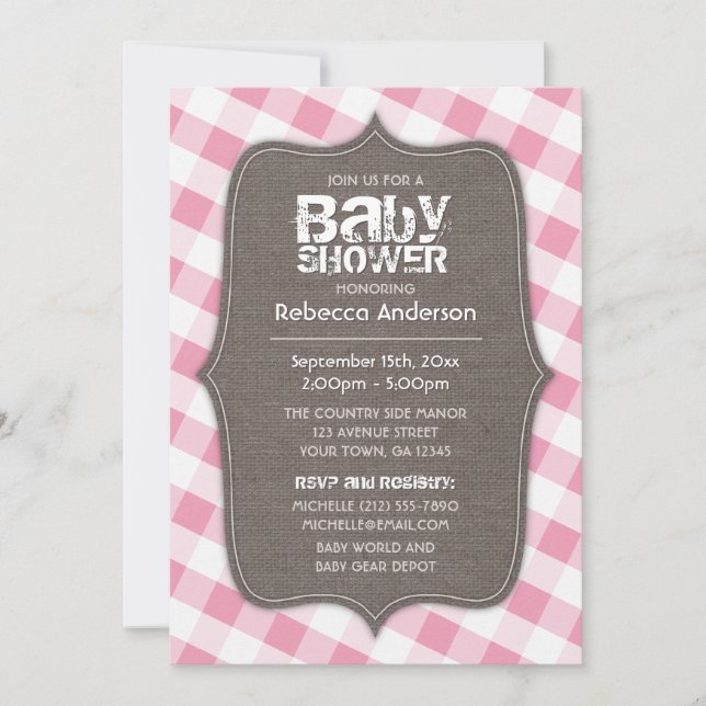 Invitation Baby shower en toile En vichy rose et blanc (Devant)
