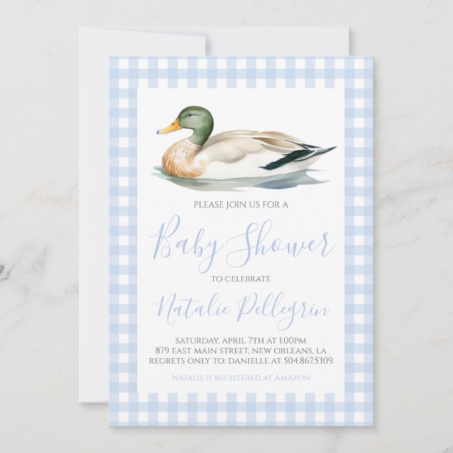 Invitation Baby shower En vichy bleu canard sud de Mallard (Devant)
