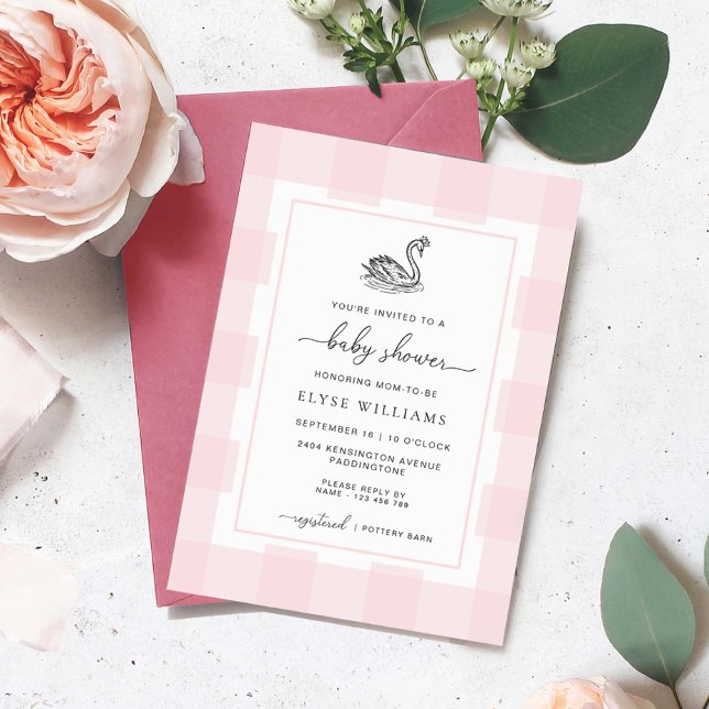 Invitation Baby shower En vichy rose cygne (Swan Baby Shower Invitation Pink Gingham)