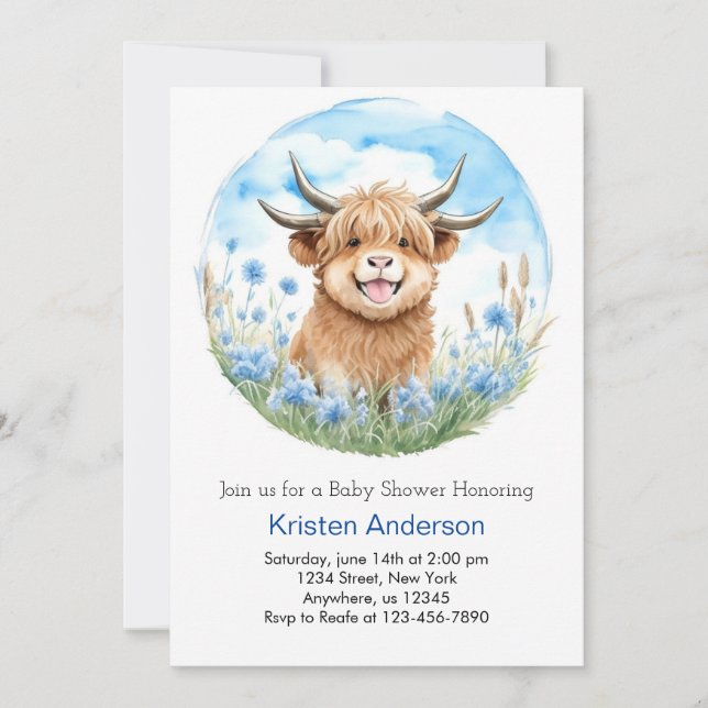 Invitation Baby shower Enchanted Blue Highland Cow Bow (Devant)