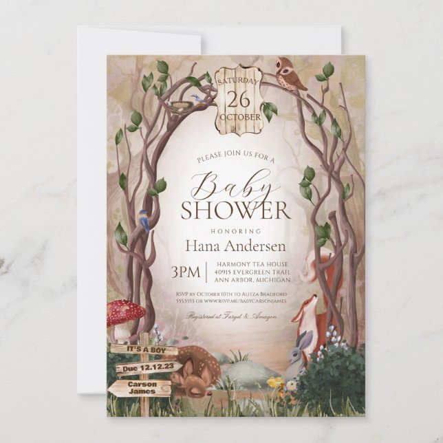 Invitation Baby shower Enchanted Forest Woodland Animaux (Devant)