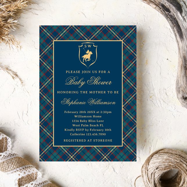 Invitation Baby shower équestre bleu classique Polo Plaid (Créateur téléchargé)