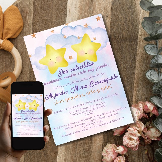 Invitation Baby shower espagnol Little Stars Pink Blue Twins (Créateur téléchargé)