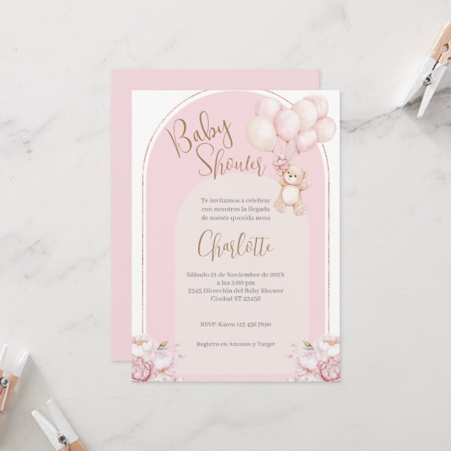Invitation Baby shower espagnol Ours rose fille (Devant/Arrière en situation)