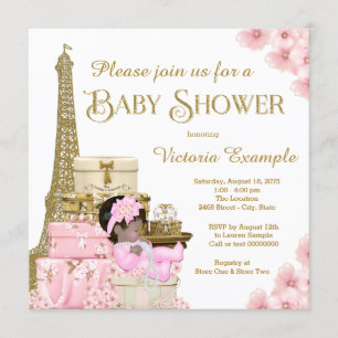 Invitation Baby shower ethnique de fille de Paris d'or rose