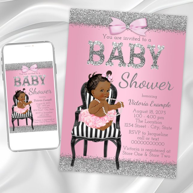 Invitation Baby shower ethnique de filles rose et gris argent (Cute pink silver baby shower invitation. Instant download and printed invitations available.)