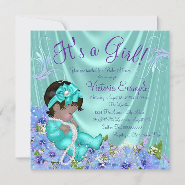 Invitation Baby shower ethnique floral pourpre et Turquoise (Devant)
