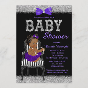 Invitation Baby shower ethnique noir et argenté pourpre de