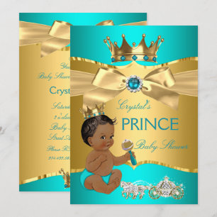 Invitation Baby Shower Ethnique Prince Bleu Sarcelle Or