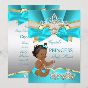 Invitation Baby Shower Ethnique Princesse Or Bleu Turquoise