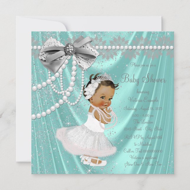 Invitation Baby shower ethnique turquoise Blue Silver Satin P (Devant)