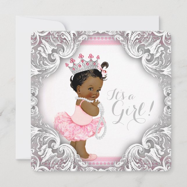 Invitation Baby shower ethnique Tutu rose et gris (Devant)