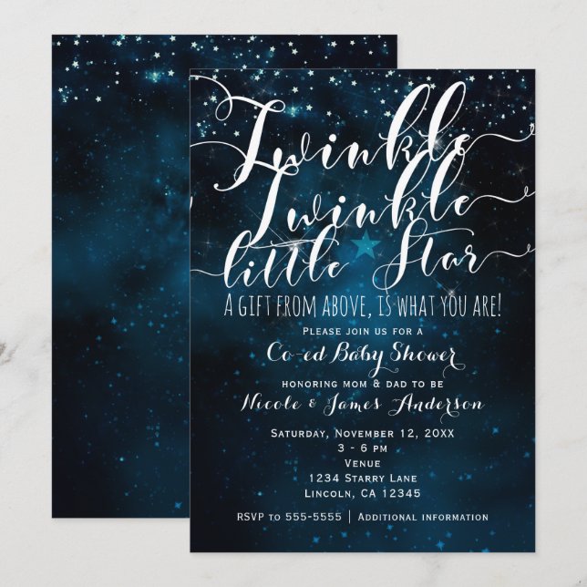 Invitation Baby shower étoile céleste Twinkle Little Star (Devant / Derrière)