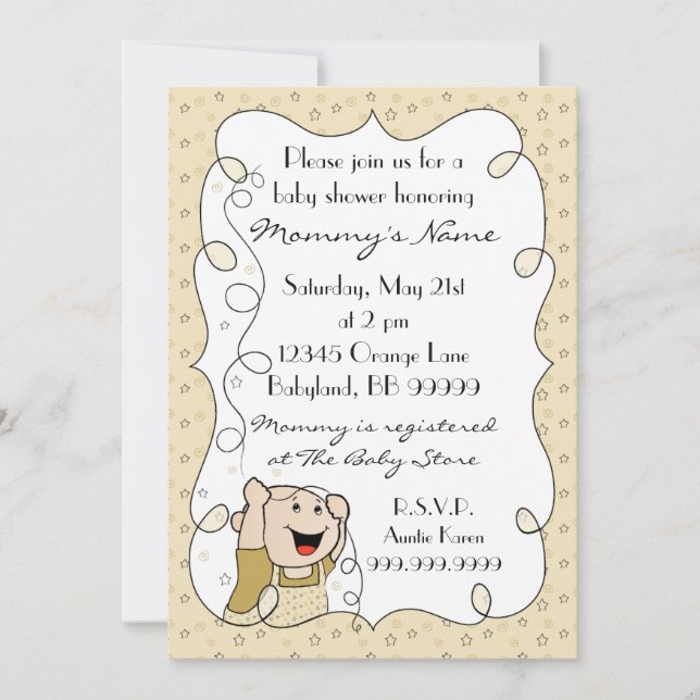 Invitation baby shower. Étoiles/Bébé/Or/Noir (Devant)