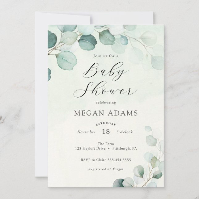Invitation Baby shower Eucalyptus aquarelle (Devant)