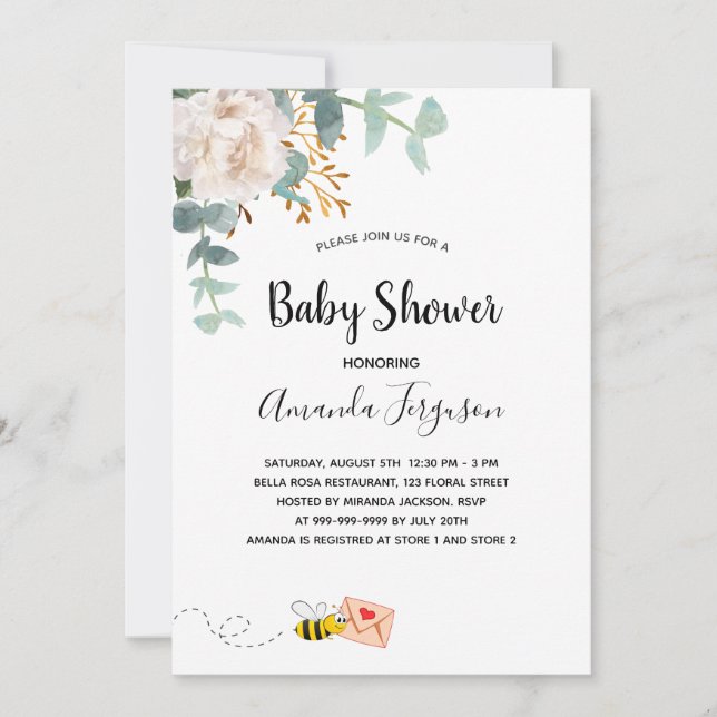 Invitation Baby shower eucalyptus blanc fleuri mère à abeille (Devant)