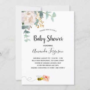 Invitation Baby shower eucalyptus blanc fleuri mère à abeille
