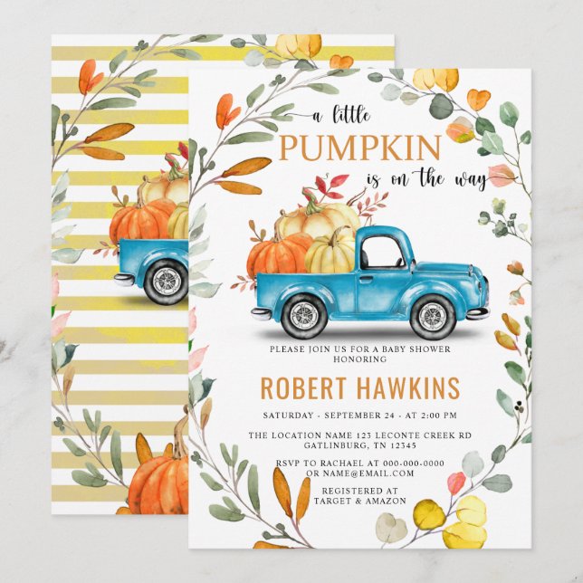 Invitation Baby shower Eucalyptus Citrouille non sexiste (Devant / Derrière)