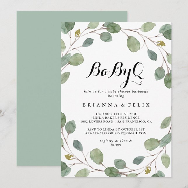 Invitation Baby shower Eucalyptus de verdure BabyQ Barbecue (Devant / Derrière)