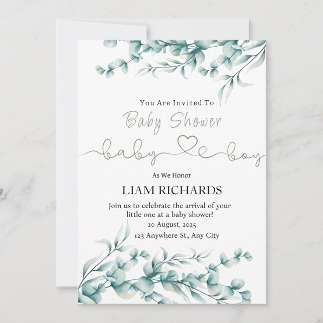 Invitation Baby shower Eucalyptus Green (Devant)
