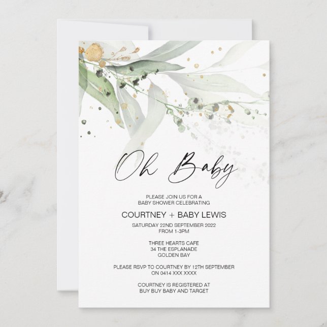 Invitation Baby shower Eucalyptus Oh non sexiste (Devant)