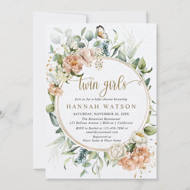 Invitation Baby shower Eucalyptus Rose Rose Blush Twin Girls (Devant)