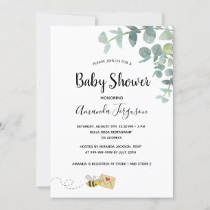 Invitation Baby shower eucalyptus verdure abeille mignonne