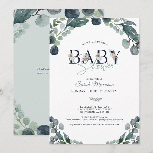 Invitation Baby shower Eucalyptus Vert Marine Bleu (Devant / Derrière)