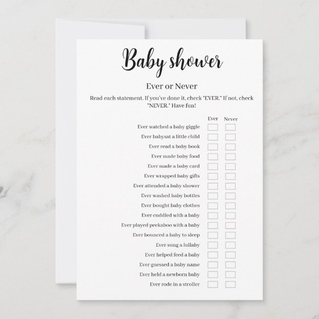 Invitation Baby Shower Ever or Never Game, Printable (Devant)