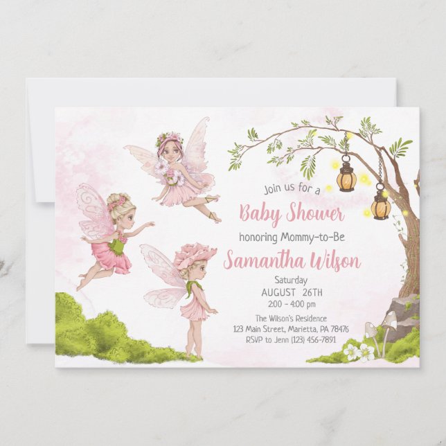 Invitation Baby shower Fairy Rose Floral Douche Fairy (Devant)