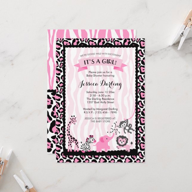 Invitation Baby shower Fancy Pink & Black Safari fille (Devant/Arrière en situation)