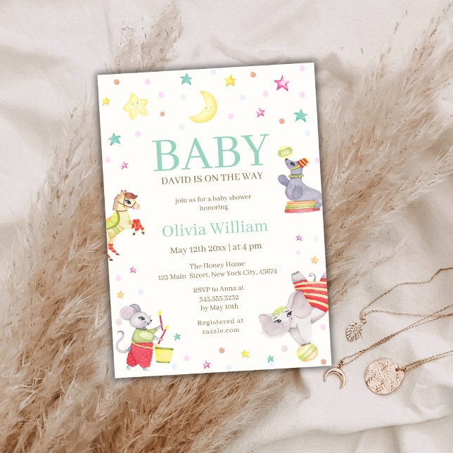 Invitation Baby shower fantaisie Cirque Canival Animaux (Fancy Circus Canival Animals Baby Shower Invitation)