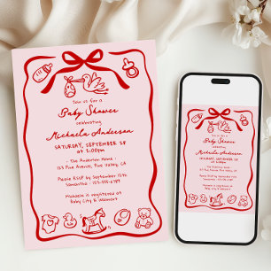 Invitation Baby-Shower Fantaisiste Dessin Main Rouge et Rose 