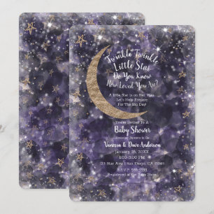 Invitation Baby Shower Fantaisiste Lune Étoiles Or Violet