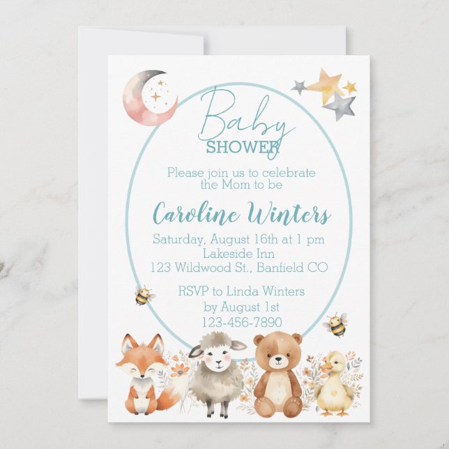 Invitation Baby Shower Faune de la Forêt (Bleu) (Devant)