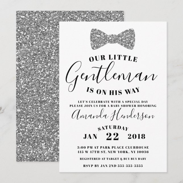 Invitation Baby shower, Faux Silver (Devant / Derrière)