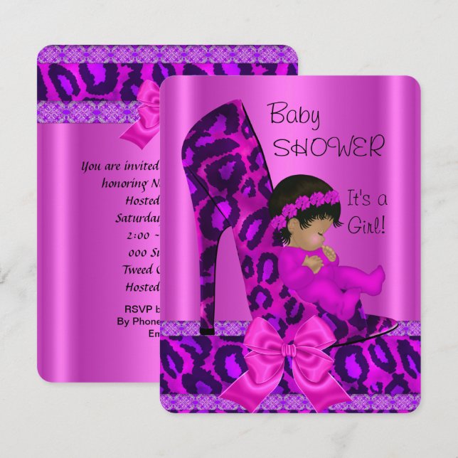 Invitation Baby shower féminin afro-américain léopard rose (Devant / Derrière)
