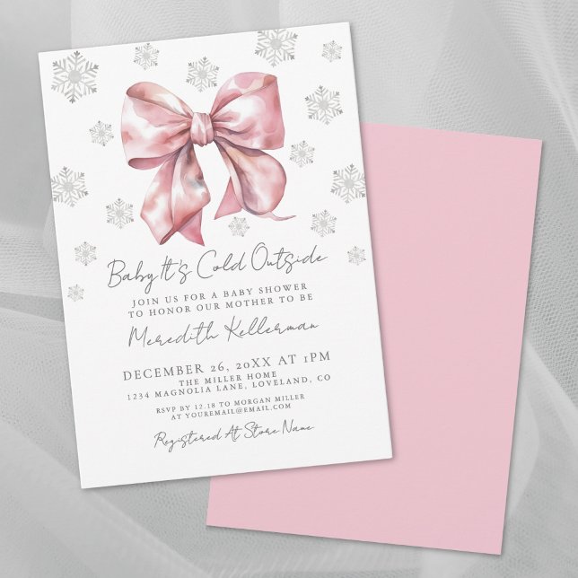 Invitation Baby shower féminin d'hiver de la cabote rose (Pink Bow Winter Girl Baby Shower Invitation )