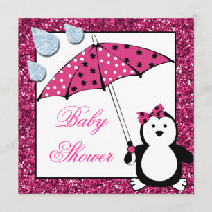 Invitation Baby shower féminin Doodle Penguin