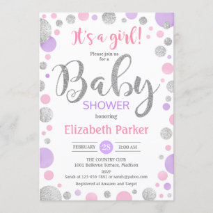 Invitation Baby shower féminin - Dots d'argent violet rose