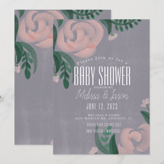 Invitation Baby Shower Ferme Rustique Fleurs Rose Pâle Grises (Devant / Derrière)
