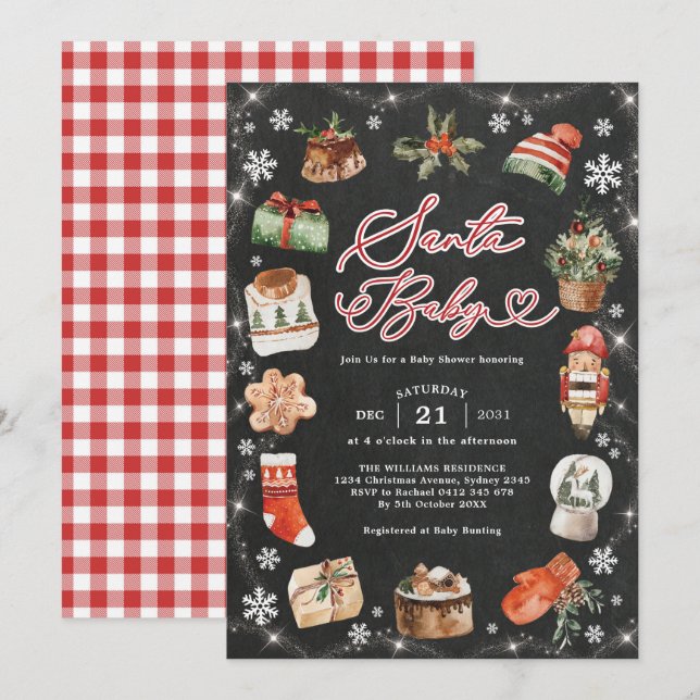 Invitation Baby shower Festif Noël Père Noël Winter Holiday (Devant / Derrière)