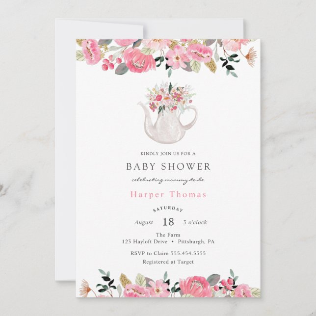 Invitation Baby shower Fête de Thé Rose Floral Garden (Devant)