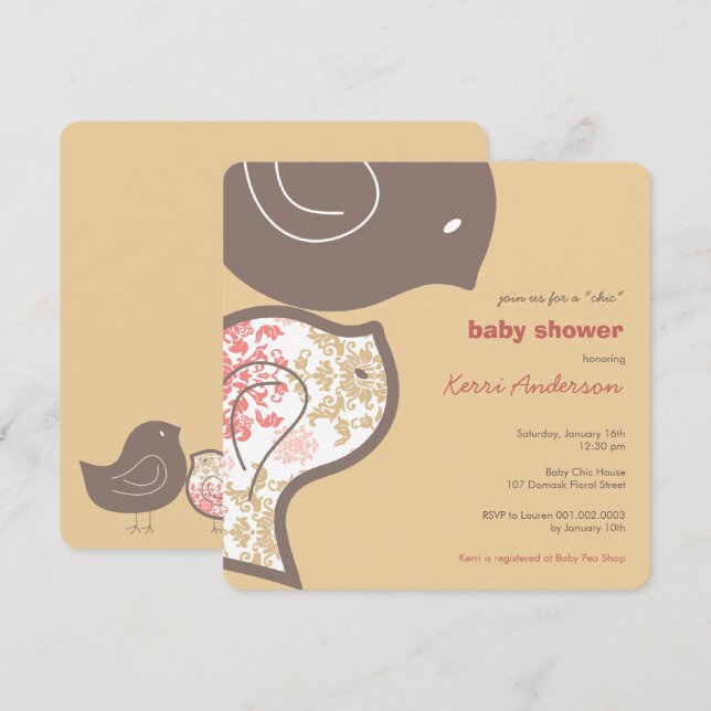 Invitation Baby shower Fête des pousses Damas roses Invitatio (Devant / Derrière)