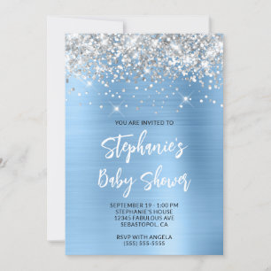 Invitation Baby Shower Fête en ligne Argent et Bleu Glam
