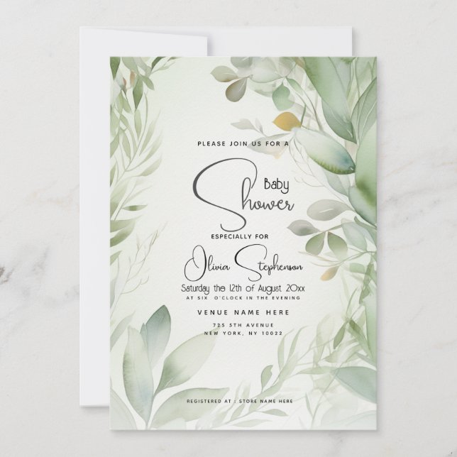 Invitation Baby shower - Feuillage d'aquarelle (Devant)