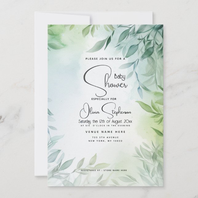 Invitation Baby shower - Feuillage Turquoise pâle et vert (Devant)